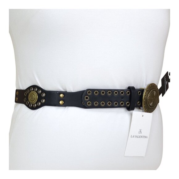 La Valentina Womens Black Belt M/L With Brass Buckle & Eyelets 1 7/8" Wide 43" L - Picture 3 of 13